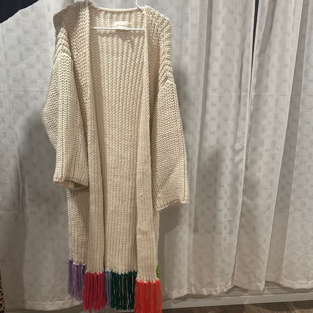 Anthropologie Cream and Purple Cardigan Sweater with Chunky Knit